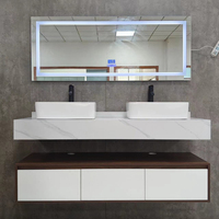 Meuble-lavabo mural moderne avec miroir LED, vasque en pierre, panneau mélaminé résistant à l'eau, garantie 3 ans