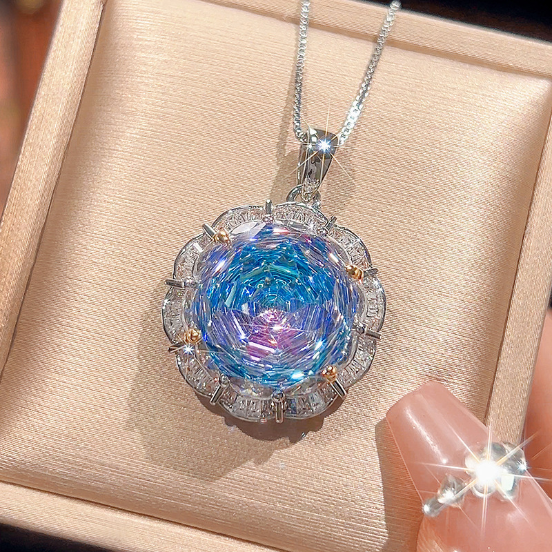 Pink blue pendant with box chain