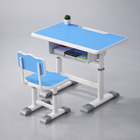Bureau d'école extra large avec chaise 80x50cm, étagère réglable 64-76cm, fente pour crayons, bleu grain de bois