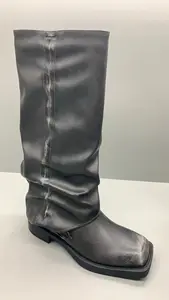 Bottes hautes en cuir PU souple marron rétro vintage rabattable talon plat semelle épaisse bouts carrés femmes