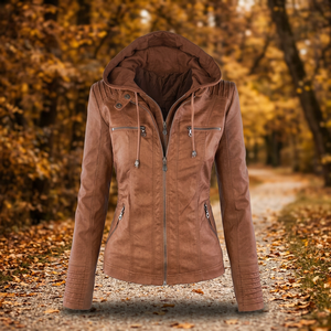 Women's <b>Hooded</b> PU Leather Motorcycle Jacket Solid Color Zipper Closure Windproof Autumn Style Full Sleeve Regular Length - Product Image 4
