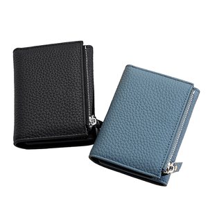 2026 Fashionable Wholesale Custom 100% Genuine Leather Zipper <b>Wallet</b> Short Unisex Minimalist <b>RFID</b> Blocking Daily Use Black Blue - Product Image 1