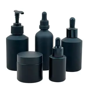 Matte Black 60g 30ml 100ml 120ml Glass Lotion Pump Bottle Glass Jar Cosmetic Packaging Set