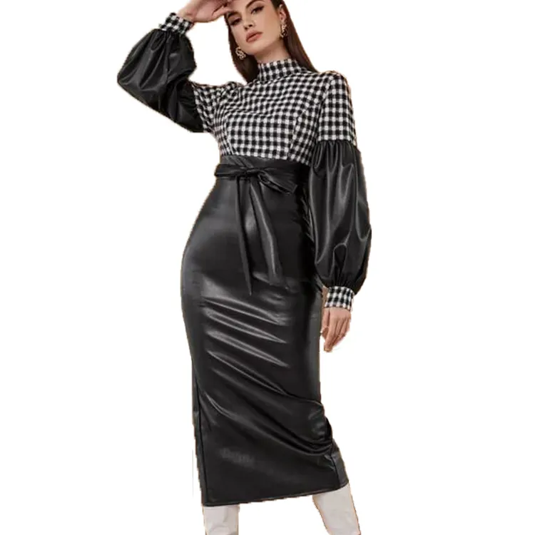 Designer clothes famous brands women Gingham Mock Neck Lantern Sleeve Split Back Belted PU Leather Dress