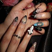 Faux ongles à presser robustes, style Baroque Rétro, forme Stiletto, Amande, en acrylique et métal, avec motifs Saturne, Croix, Ange, Cadre de peinture à l'huile et Strass