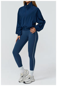<b>Women</b> S <b>Long</b> <b>Sleeves</b> Loose Stand Neck <b>Sports</b> Jacket Full Zipper Elastic Waist <b>Top</b> Side Pockets Windproof Outdoor Gym 2-Piece Set - Product Image 4