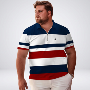 Polo rayé pour homme à manches courtes, color-block, fermeture éclair sur le devant, décontracté, en coton tricoté respirant, blanc, marine, rouge - Product Image 2