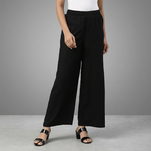 Pantalon large taille haute pour femme, taille élastique, couleur unie, en crêpe, coupe ample, longueur complète, décontracté, été - Product Image 4