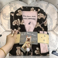 Ensemble de pyjama pour femmes en coton tissé 100% biologique avec taille élastique, manches longues, logo satiné sur le devant - pour l'automne et l'hiver