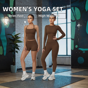 Women's Solid Spandex/Nylon Yoga Suit Elastic Waist Quick Dry High-Waisted <b>Long</b> <b>Sleeve</b> Top Leggings 2-Piece <b>Set</b> for <b>Gym</b> Fitness - Product Image 2