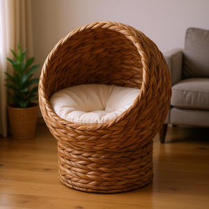 Lit pour chat en forme d'œuf en osier avec coussin moelleux, lit surélevé pour animaux de compagnie d'intérieur, brun, rembourrage en fibre de polyester amovible et lavable - Product Image 2