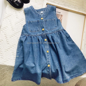 2024 Jean coreano moda ragazze vestito con tasche tinta unita blu estate prendisole senza maniche - Product Image 2
