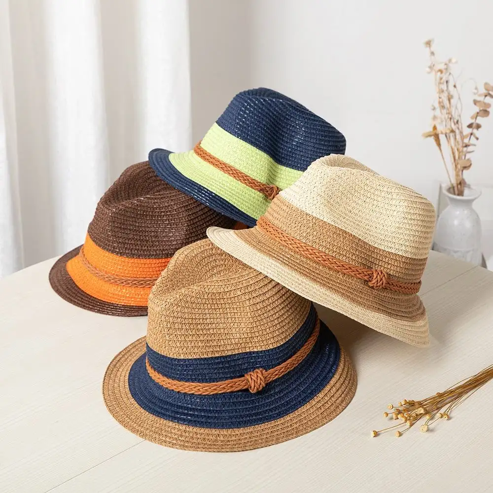 Sıcak satış yaz güneş Fedora yetişkin çocuk şapkaları şerit kısa ağız ebeveyn-çocuk hasır şapka özelleştirilmiş kağıt örgü dokuma hasır şapkalar