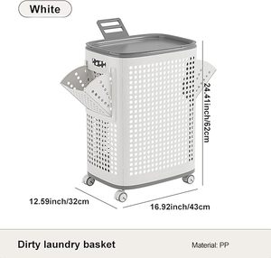 <b>Plastic</b> Laundry <b>Basket</b> with Lid and Wheels, Clothes Hamper with Side Compartments and Brakes, Portable Laundry Hamper on Wheels - Product Image 2