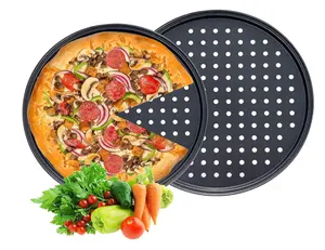 Forno casa cucina ristorante Hotel 2 pezzi rivestimento antiaderente teglia per Pizza rotonda in acciaio al carbonio teglie per Pizza con foro