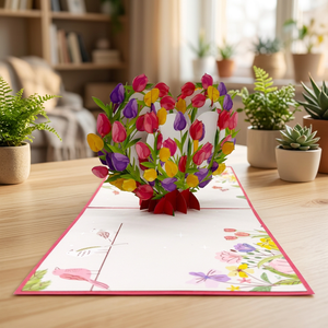 Biglietto d'Auguri 3D Pop-Up a Forma di Cuore con Tulipani Fatti a Mano, Tendenza del Momento, Regalo in Carta Artigianale Vietnam Hanoi, Stile Anime Personalizzato per la Festa della Mamma e San Valentino - Product Image 4