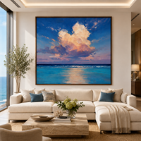 Tableau mural en toile Paysage marin bleu avec nuages rêveux et océan, artisanat en bois, option de suspension pour la décoration de villas, hôtels et complexes de luxe