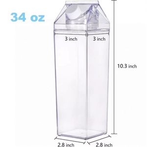 Bouteilles en plastique carrées en forme de carton de lait mignonnes, écologiques, en acrylique, 500 ml/1000 ml, sans BPA, pour boissons sportives - Product Image 1