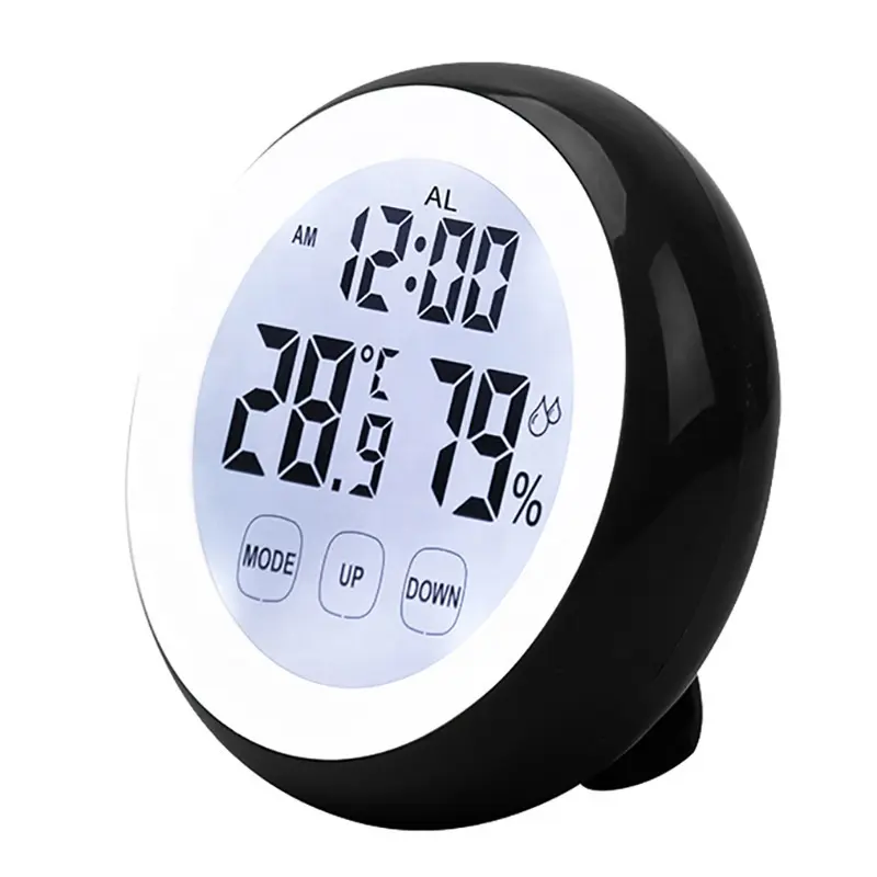 Reloj despertador redondo de temperatura y humedad, reloj táctil con pantalla digital para el hogar, termómetro, reloj electrónico