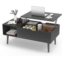 Table basse moderne avec plateau relevable, rangement dissimulé, étagère latérale ouverte, table centrale en bois massif, pieds en métal pour salon, petit appartement