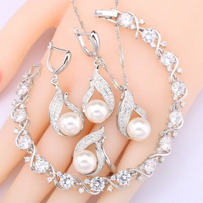 Natural White Pearl 925 Silver Jewelry Sets For Women White Zircon Bracelet Earrings Rings Necklace Pendant Birthday Gift