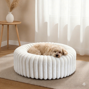 Luxury Faux Rabbit Fur Cream White Round Multiple Sizes Foam Filling Dog Bed Donut <strong>Pet</strong> <strong>Sofa</strong> for Sleeping - Product Image 1