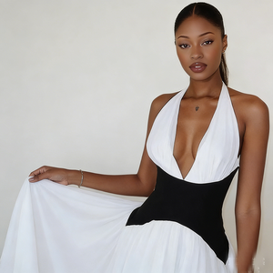 <span class=keywords><strong>Robe</strong></span> longue pour femme de style européen et américain, <span class=keywords><strong>noire</strong></span> et blanche, à taille froncée, coupe ajustée, style A, avec col halter sexy en V - Product Image 6