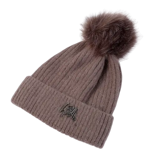 Estilo simples de metal padrão de lã de coelho fêmea lazer coringa chapéu feito malha inverno quente