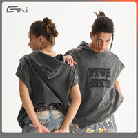 Gilet sans manches à capuche pour homme ETAI, noir, en coton, coupe ample, effet vieilli, loisirs, ourlet droit avec étiquette sans logo