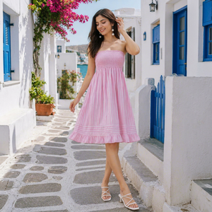 Women's Pink Striped Strapless Bohemian 100% Cotton Anti-Wrinkle A-Line Summer <b>Dress</b> Shoulder Smocked Midi Sundress Casual <b>Dress</b> - Product Image 1