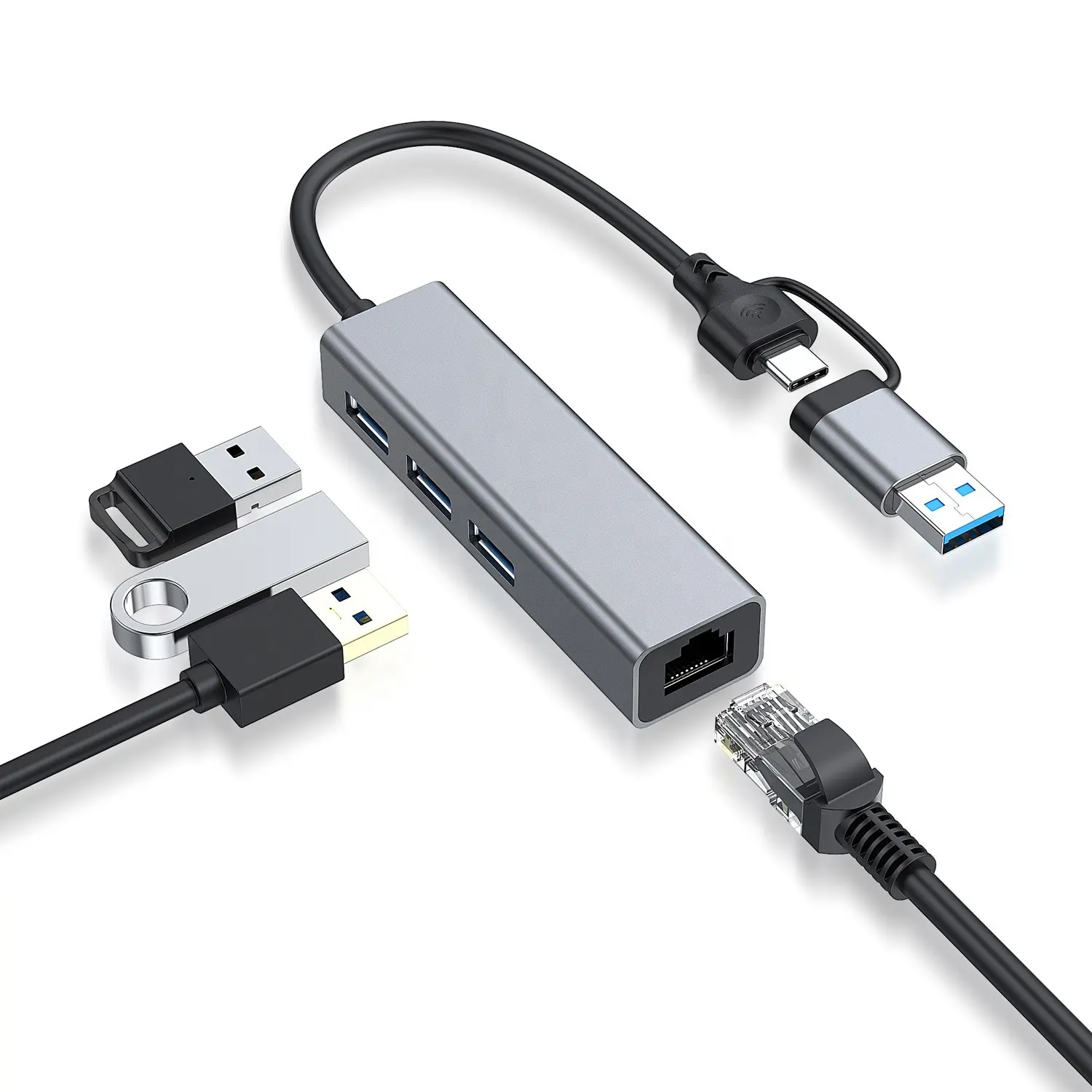 Adaptor Ethernet Tipe C kartu jaringan 2 IN 1, USB 3 Port USB 3.0 Hub ke Ethernet RJ45 Lan Adapter Gigabit untuk komputer