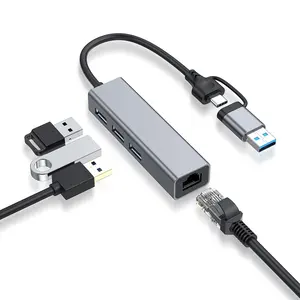 2合1网卡C型以太网适配器USB 3端口USB 3.0集线器到以太网RJ45局域网千兆计算机适配器