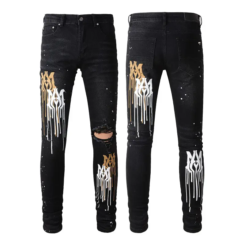 2023 men's jeans slim top quality designer black ripped stacks skinny trousers jeans pants for men