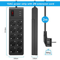 Multiprise avec 10 prises et 4 ports USB, prise EU avec interrupteur