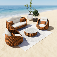Ensemble de salon d'extérieur en rotin plastique tressé, design nordique, avec chaise et table basse – Mobilier mobile avec coussins en éponge anti-UV