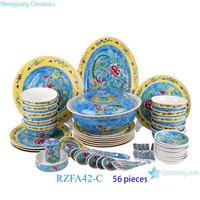 RZFA42 Set 56 pièces Céramique Vaisselle Nianga Pastel Porcelaine Rose Bleu Profond Phénix Motif Fleur et Oiseau Assiette Cuillère bol