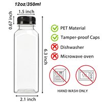Bouteilles de jus de 12 oz en stock local aux États-Unis avec bouchons, bouteilles carrées en PET pour boissons, bouteilles de jus réutilisables avec bouchons à vis de 12 oz