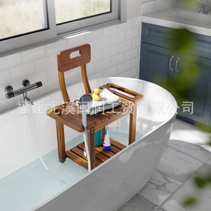 Tabouret de salle de bain en bambou et bois massif du Fujian avec dossier, support de douche double couche, porte-serviettes et rangement - Product Image 2