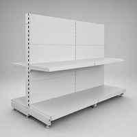 Étagère de supermarché double face blanche avec panneaux arrière pour présentation de produits