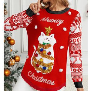 Wholesale Christmas <strong>Cat</strong> Meowy <strong>Jumper</strong> Crewneck Long Sleeve Pullover Decoration Ugly Jacquard Ribbed Sequin Knitted <strong>Women</strong> Sweaters - Product Image 2
