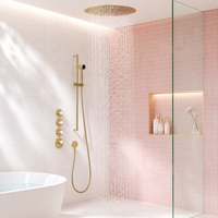 Ensemble de douche de plafond avec mitigeur thermostatique et jets massants, finition or brillant
