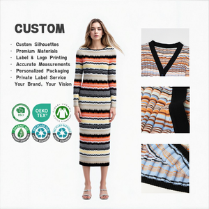 เดรสไหมพรมลายทางสำหรับผู้หญิง, เดรสทรงเข้ารูปคอกลมแขนกุดแบบสั่งทำ, ชุดลำลองขายส่ง - Product Image 1