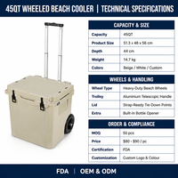 Glacière thermique rotomoulée robuste et moderne 45QT avec grandes roues tout-terrain, panier à boissons portable, chariot de plage, chaise, pour aliments et canettes, personnalisable avec logo