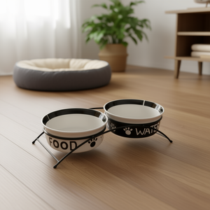 Ensemble de mangeoires pour animaux de compagnie en céramique avec support, 2 x 1,6 L, blanc et noir, bols pour nourriture et eau pour chiens et chats - Product Image 3