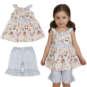 Ensemble 2 pièces d'été décontracté pour petites filles, motif ferme, en coton et élasthanne, avec volants, short et haut, tenue mignonne pour bébé fille - Product Image 1