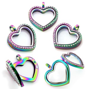 Silver Color rainbow Color Peach <strong>Heart</strong> <strong>Shape</strong> Glass <strong>Locket</strong> With Rhinestone Memory Living Magnetic Closure Glass Floating <strong>Locket</strong> - Product Image 6
