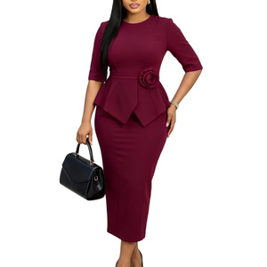 D626 pour femmes, jupe crayon vintage élégante, mode automne, unie, taille haute, moulante, avec volants, <span class=keywords><strong>robe</strong></span> formelle à fleurs 3D - Product Image 5