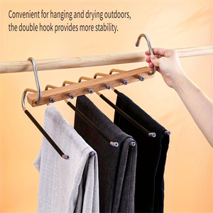 Porte-pantalon en bois massif et acier inoxydable, organisateur de vêtements pliable multi-niveaux, design minimaliste avec crochets - Product Image 4