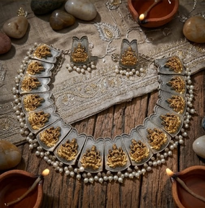 DIVYORO Gold Tone Deity Motif <b>Necklace</b> Set with Pearl Drops Oxidized Fashion Jewelry Designer <b>Statement</b> <b>Necklace</b> with Earrings - Product Image 6