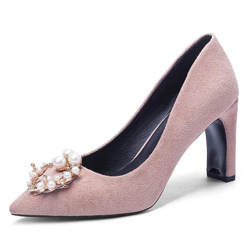 Elegant beautiful wholesale pearl buckle suede pointed-toe party fashion ladies dress shoes chunky heel women's pumps